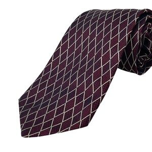 Hickey Freeman Tie Mens OS Burgundy Navy Diamond Geometric Silk Made in Italy